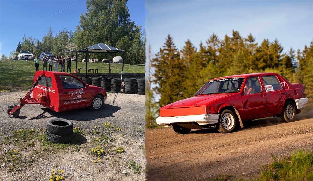 Ett montage av 2 bilder, en folkracebil och en pivotbil (en bil med ett kundvagnshjul baktill).